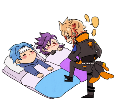 Fanart of Altare, Hakka and Axel from HoloTEMPUS. Axel is scolding the other two while they lie down sick in their futons on the ground.