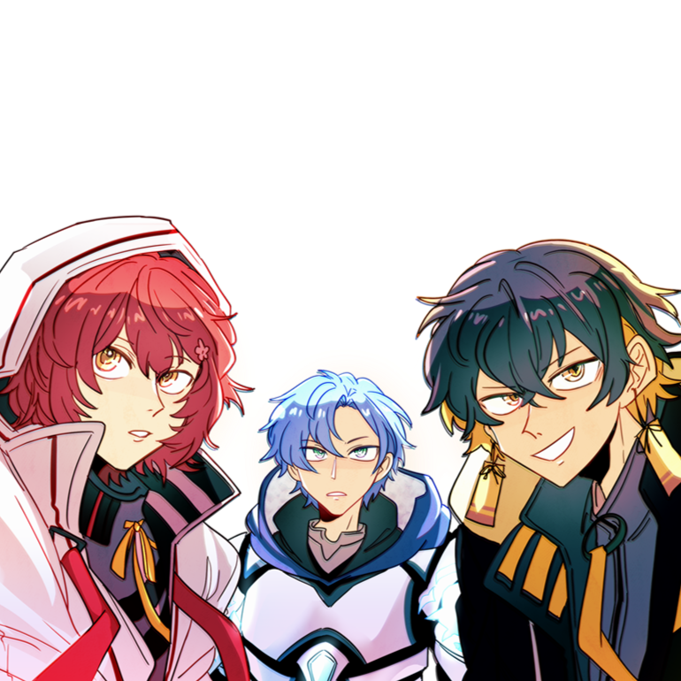 Fanart of Miyabi, Altare and Fuma from Holostars, as shown in their cover of Bokura no 16bit Warz.